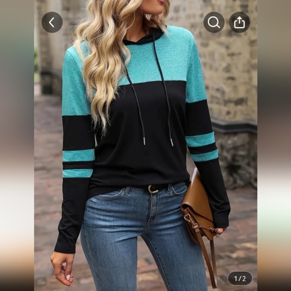 Trendy Colorblock Drawstring Pullover Hoodie Long Sleeve Tee Blk & Aqua NWT